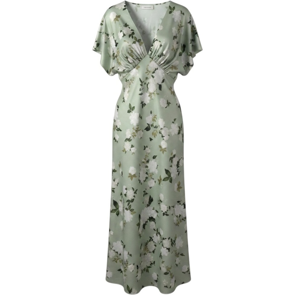 BHLDN Maxi Dress Womens 6 Green Floral Satin Flutter Sleeve V-Neck Feminine